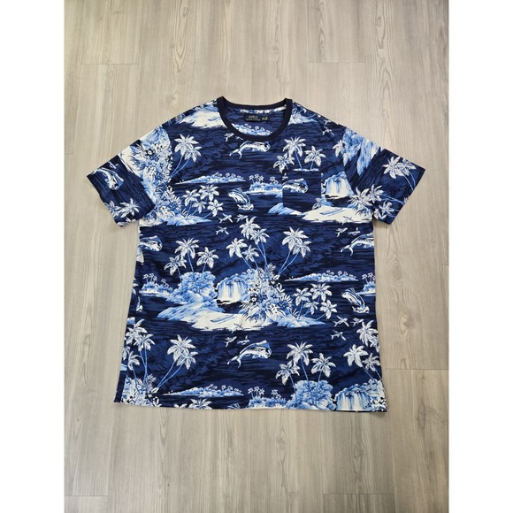 Polo Ralph Lauren T-Shirt 2XLT Blue All Over Print Ocean Fish Island Beach - Picture 1 of 8